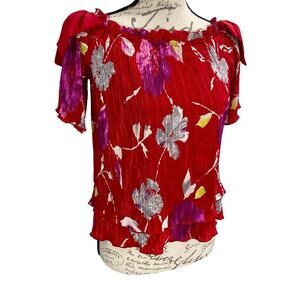 NEW Banana Republic Women's Blouse Red Satin Floral Bow Off-the-Shoulder Top XS
